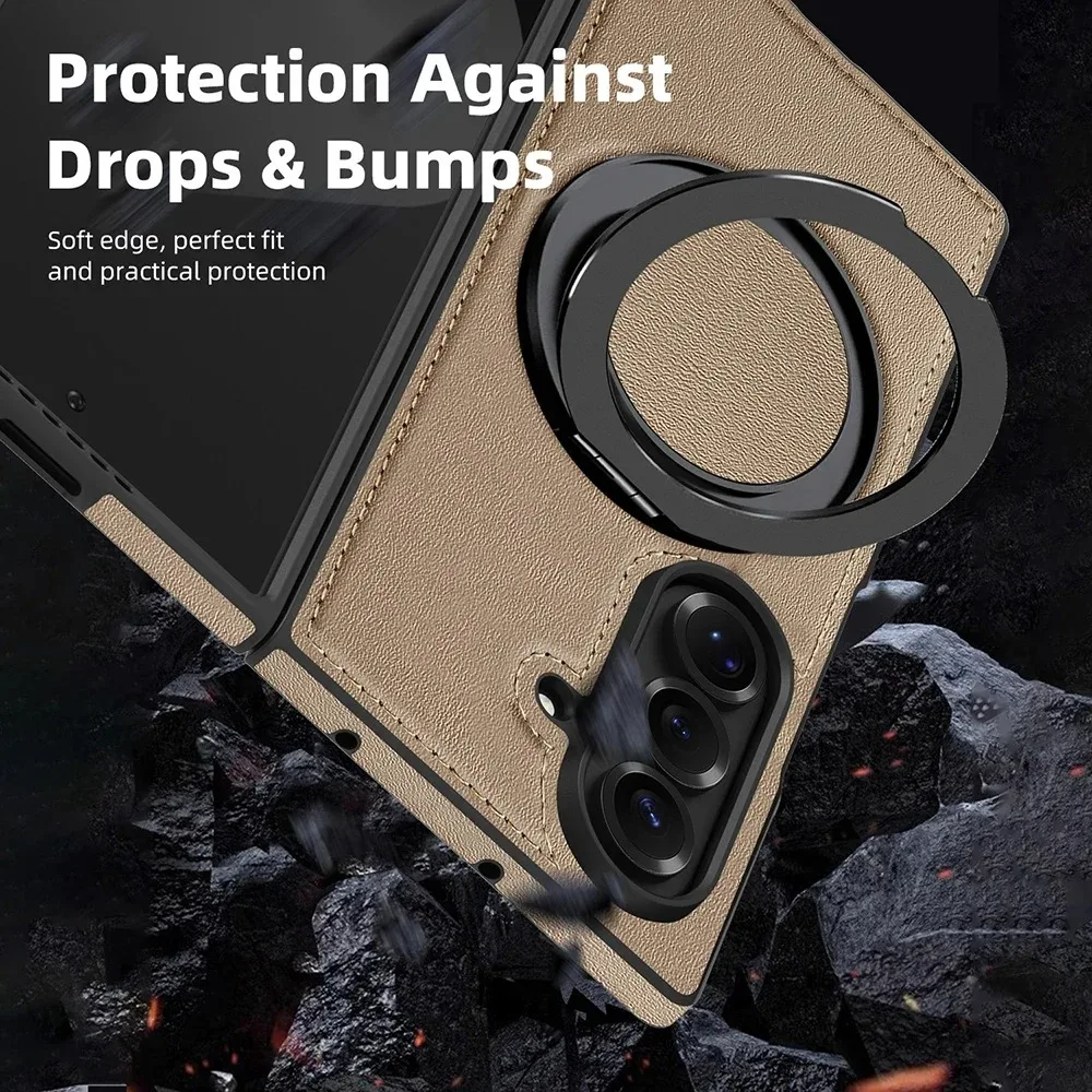 Высококачественный деловой кожаный чехол для телефона с металлической подставкой для Samsung Galaxy Z Fold 7, 6, 5, 4, 3, защитный чехол с магнитным держателем