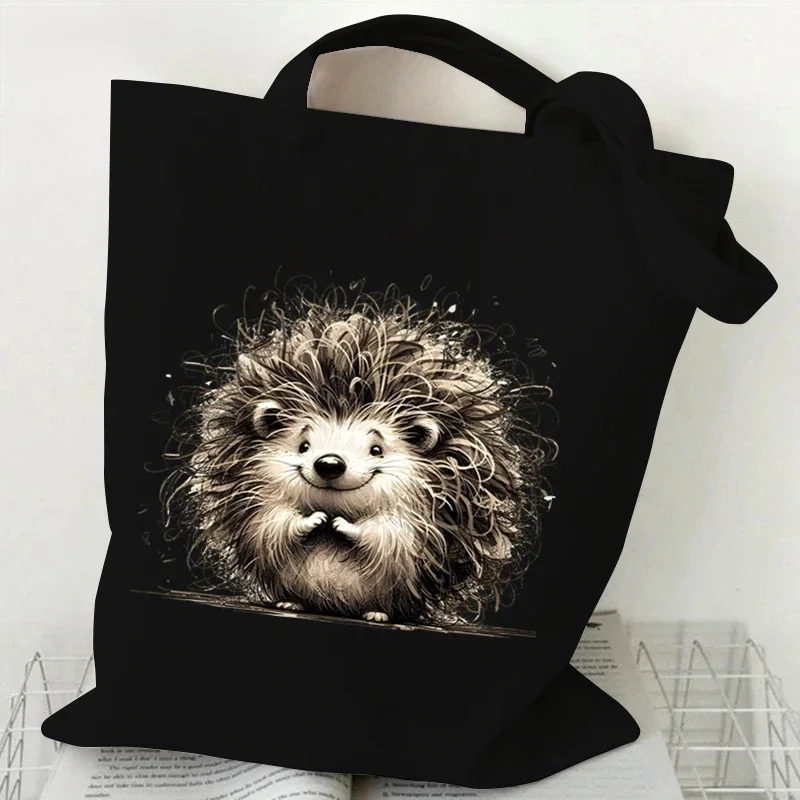 กระเป๋าผ้าใบลายแมวและไก่สุดฮาสำหรับผู้หญิงกระเป๋านักช้อปกระเป๋าถือใช้ซ้ำได้ลายการ์ตูน tas Jinjing bahu สัตว์อะนิเมะ