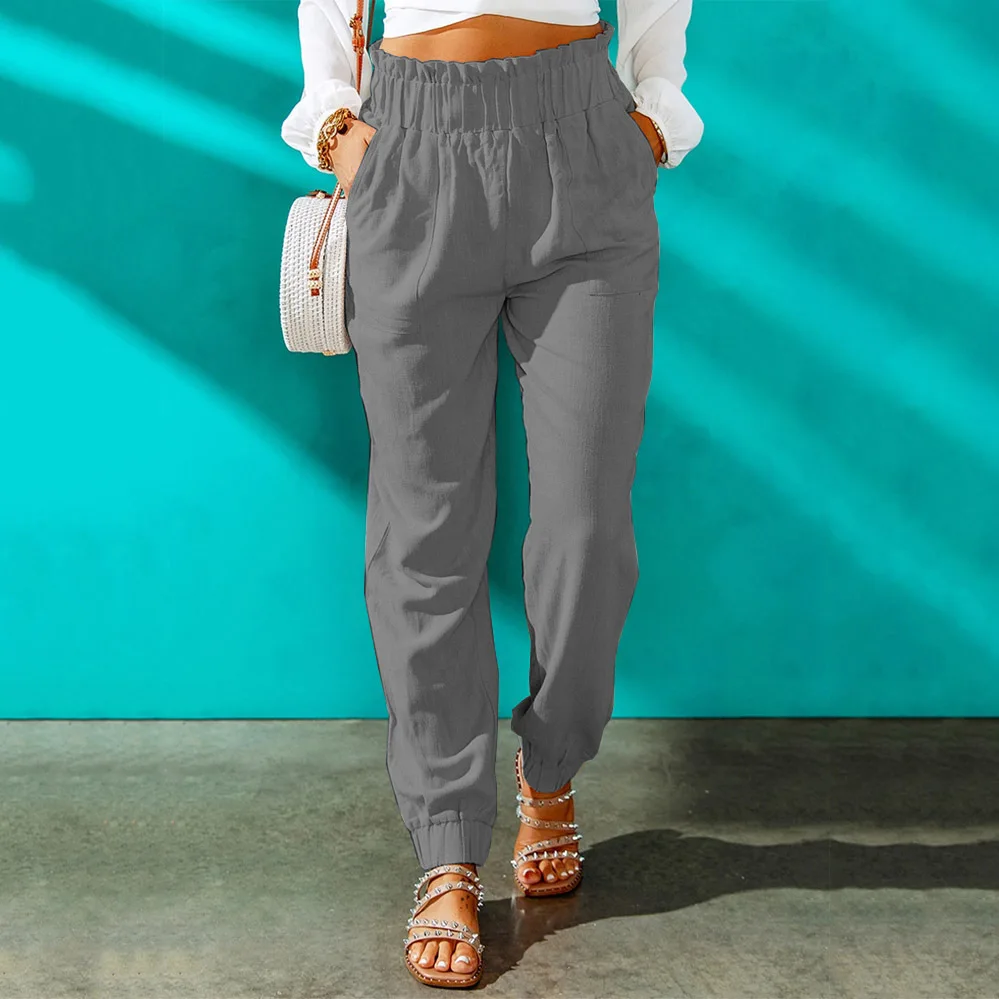 Pantaloni Casual primaverili da donna transfrontalieri pantaloni lunghi a vita alta con cintura elastica europea e americana con bordo arricciato