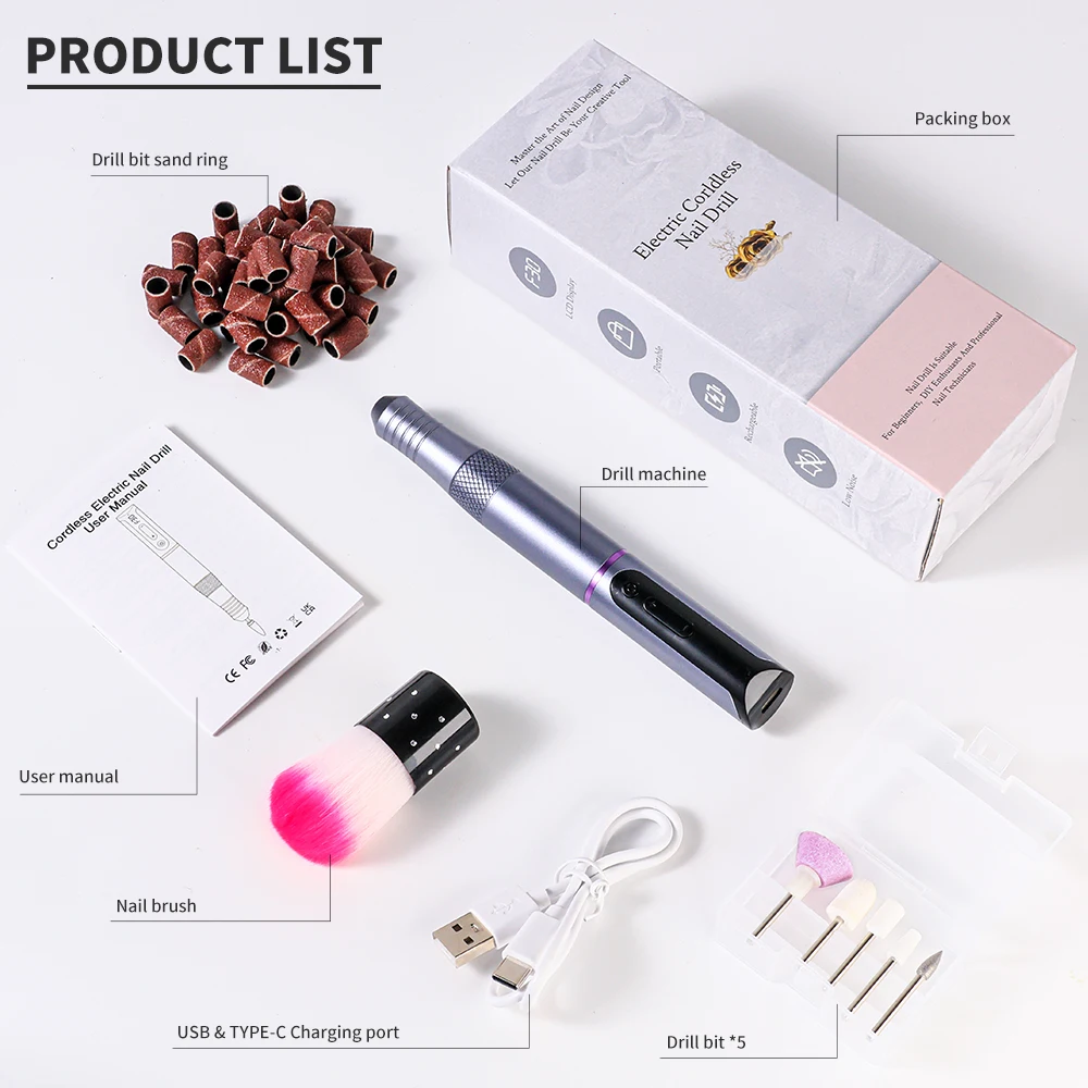 MOSKANY 30000RPM USB Portable Electric Nail Drill Machine Professional Manicure Machine With HD LCD Screen Drill Nails Tools Kit