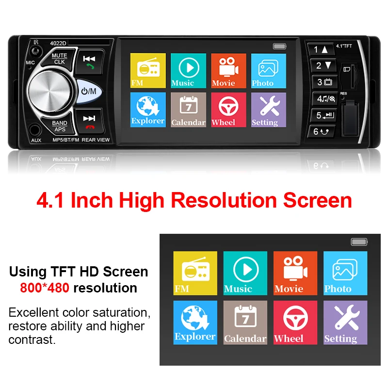  Hippcron 4,1-Zoll-Autoradio 1 Din Bluetooth Stereo-Audio mit FM-Unterstützung, Ladeanschluss, Rückfahrkamera, Lenkradfernbedienung, 12V Universal – Detail 7