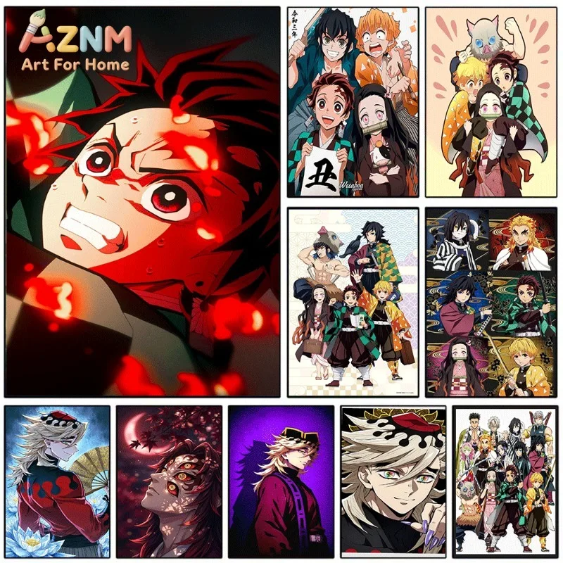 Demon Slayer Main Character Group Portrait Tanjiro Nezuko Zenitsu Inosuke Anime Canvas Wall Art Unframed Single Canvas Print Wal