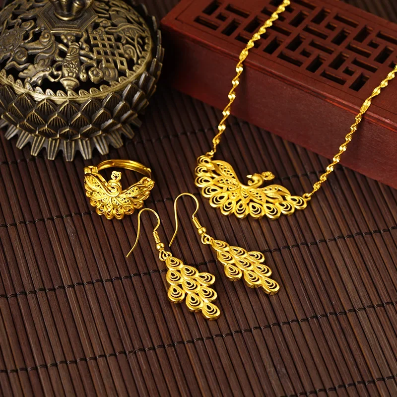 Nexil Jewelry  Luxury 24K 9999 Pure Gold real gold Women's Vintage Phoenix Pendant Necklace Earrings Hollow Ring