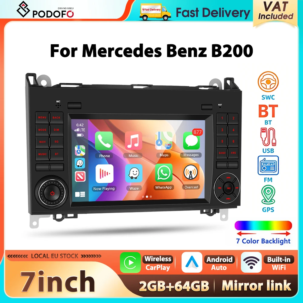 Podofo 2+64G 7'' Autoradio für Mercedes Benz B200 2008-2011 Multimedia-Player Carplay Android Auto WIFI Bluetooth GPS Auto-Audio