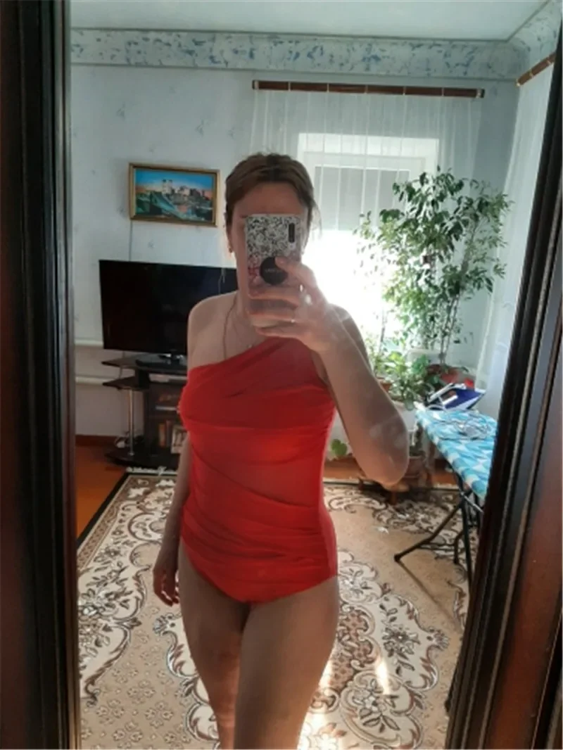 M-3XL 4XL Купальники больших размеров Женские тонкие купальники на одно плечо для женщин Сетчатый однотонный черный красный синий пуш-ап мягкие купальные костюмы