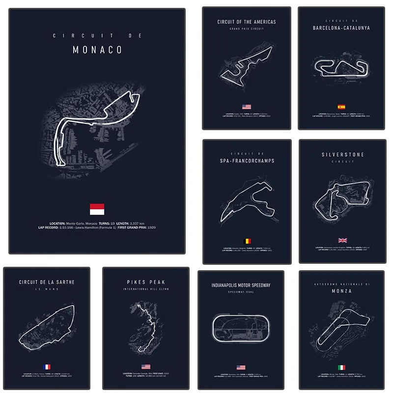 Pintura en lienzo de circuito de pista de Monaco, póster de mapas de pista, arte de pared, póster nórdico, carrera de deportes de motor, decoración del hogar, imágenes colgantes, Mural
