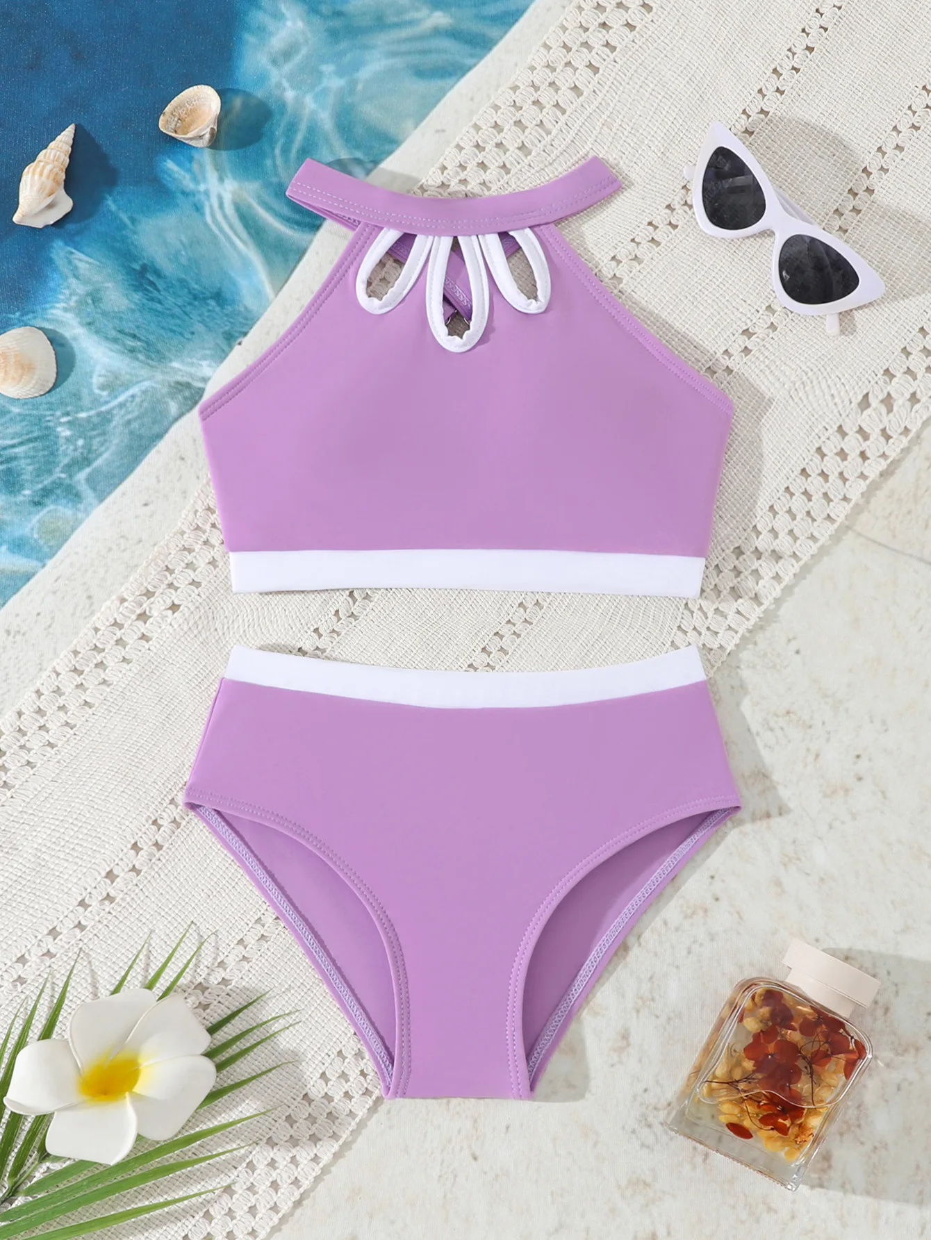 Süßer, einfarbiger Badeanzug für junge Mädchen, Sommer-Strandkleidung, 2-teiliger Tankini-Badeanzug für Mädchen im Alter von 8-12 Jahren – Detail 2