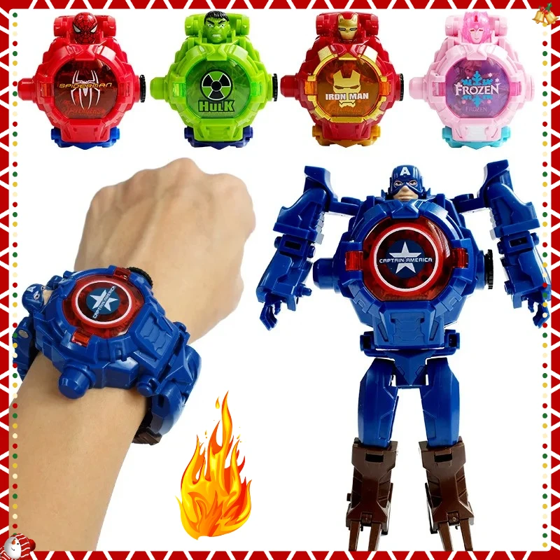 Marvel Iron Man Spiderman dessins animés montre pour enfants déformation Robot 3d LED montre lumineuse modèle pour enfants montre jouet