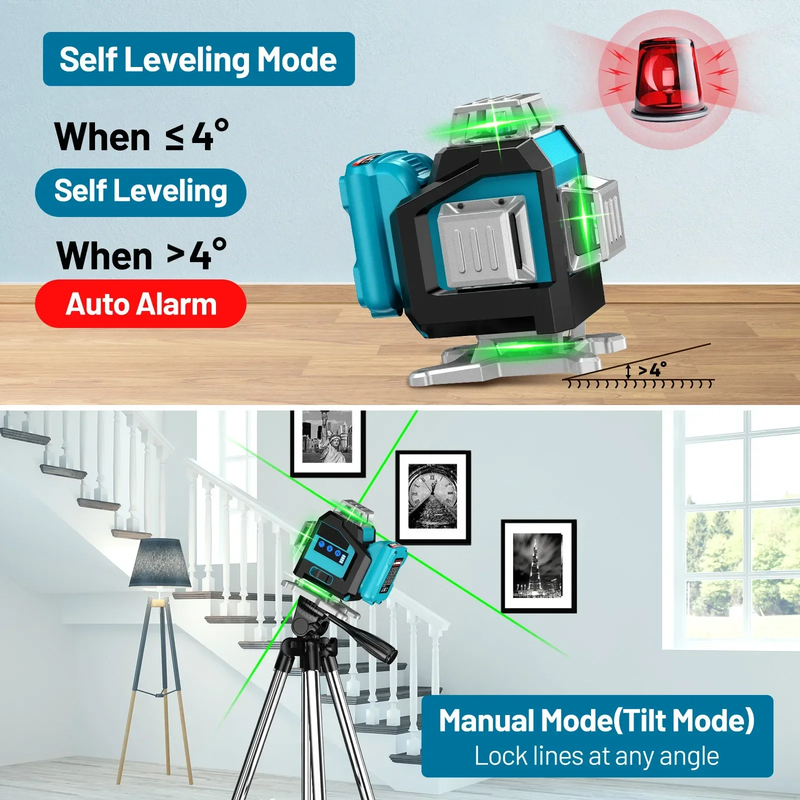 4D 16 Lines Green Laser Level 360 Green Beam Horizontal Vertical Four-Plane Leveling Remote Control 5600mAh Battery Laser Level