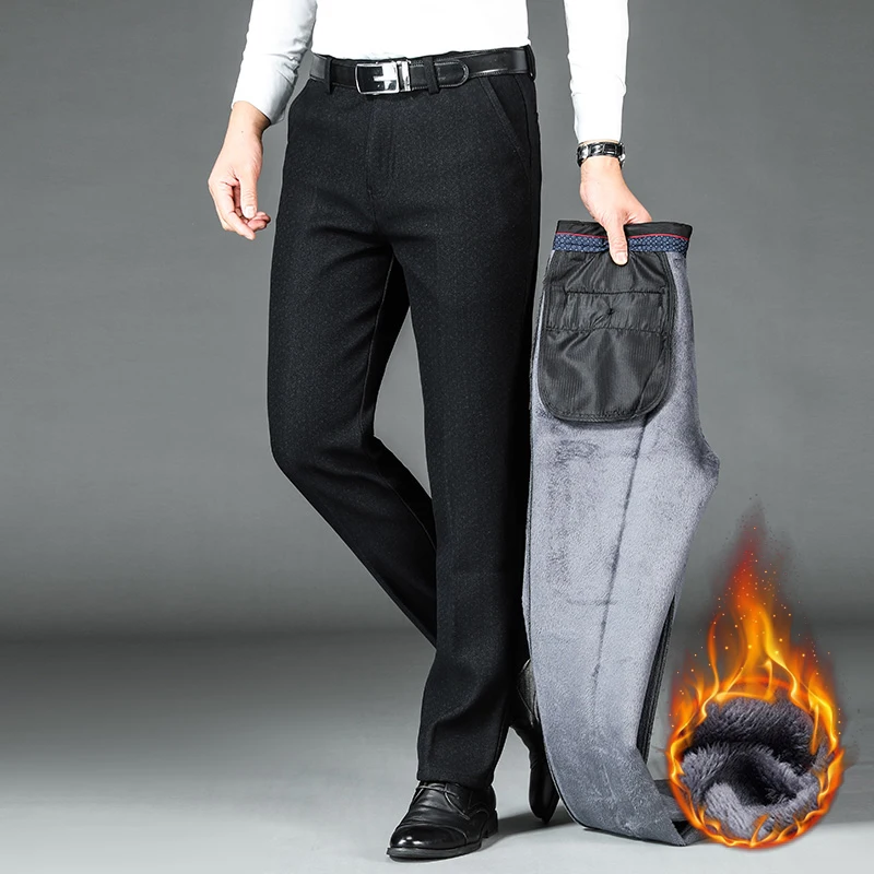 

Winter Warm Men's Fleece Casual Pants Classic Black High Quality Thickened Straight Business Office Plush Velvet Suit Trousers