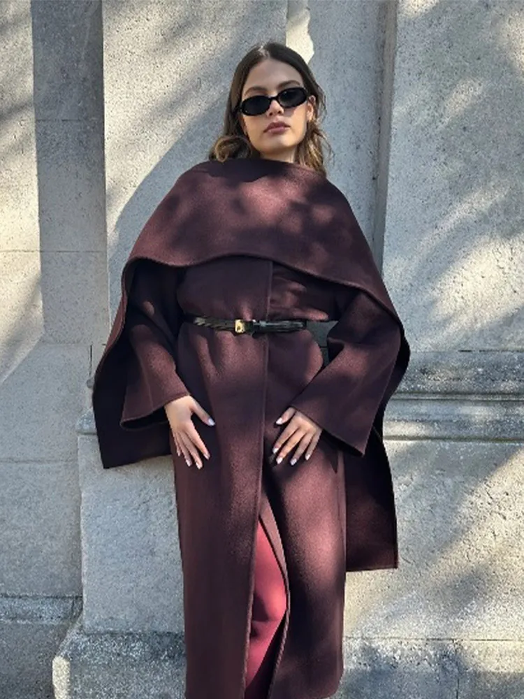 Scarf Collar Solid Color Fashion Woman Loose Long Coat Elegant Burgundy Full Sleeve Lace Up Overcoat 2025 New Lady Commuter Wear