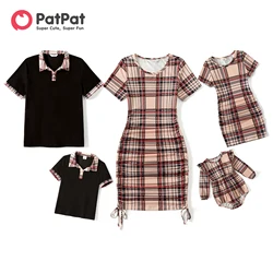 PatPat Family Matching Plaid Drawstring Ruched Bodycon Cami Dresses and Short-sleeve Spliced T-shirts Sets