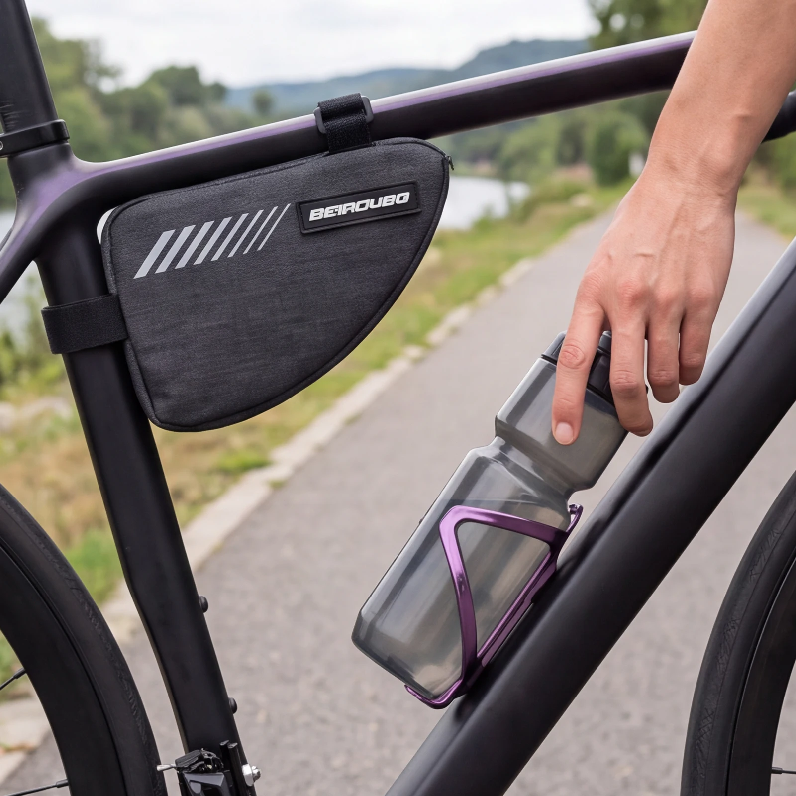 MTB Road Bike Triangle Frame Bag 0.4L Lightweight Top Tube Cycling Bag Hook-and-Loop Strap Reflective Strip Mini Storage Pouch