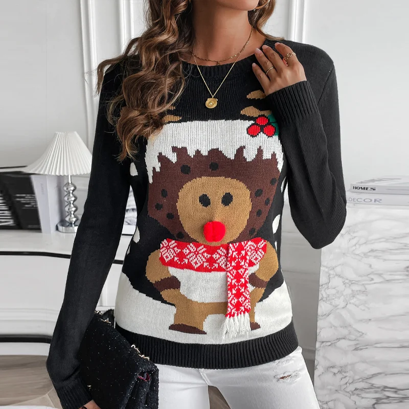 

Clinkly Christmas Women Sweater Casual Pullovers Autumn Winter Basics Knitted Korean Loose O-neck Long Sleeve Elegance Sweet Red