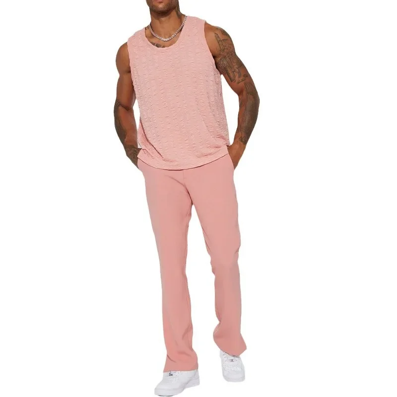 Mens Suits Sleeveless U-neck Vest Design Solid Color Sports and Casual Top Sets for Men
