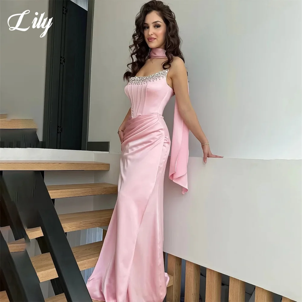 Lily Blush Pink Evening Dress Beading On Chest Prom Dresses Zipper Back Party Formal Gown Scarf robe de bal for Woman Customized