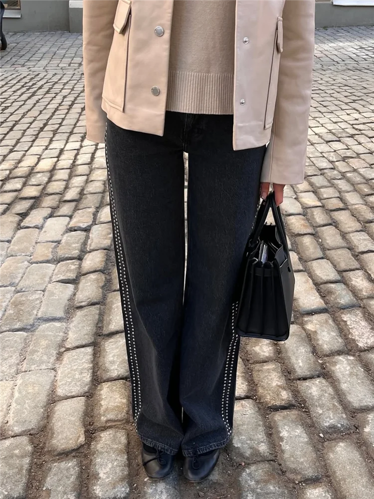 

Side Patch Metal Pocket Jeans Woman Solid Color Straight Loose Long Pants Casual Street Women's Fashion Chic Long Baggy Trousers