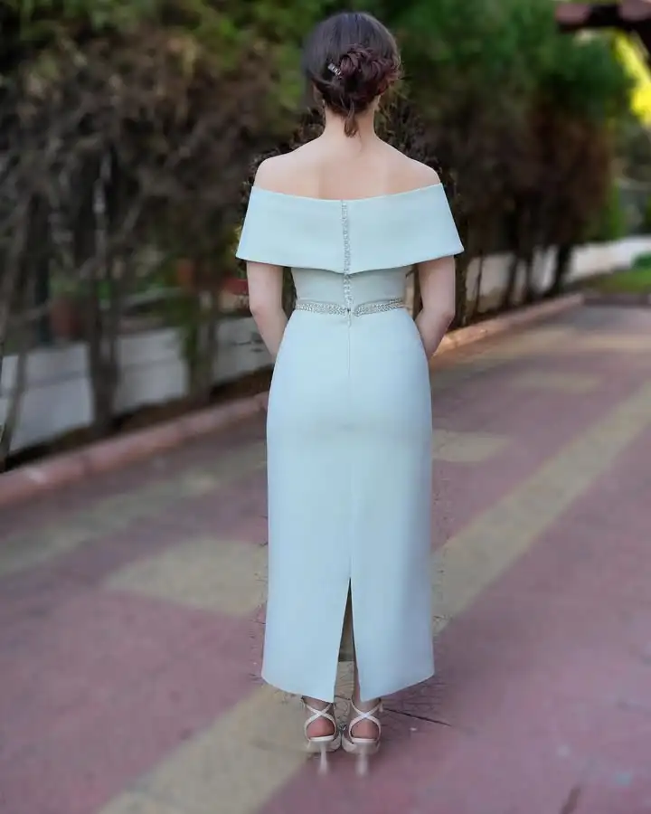 

Women's Off The Shoulder Party Dresses Jersey Straight Ankle Length Prom Gowns Customized Simple Pale Blue Evening Dress