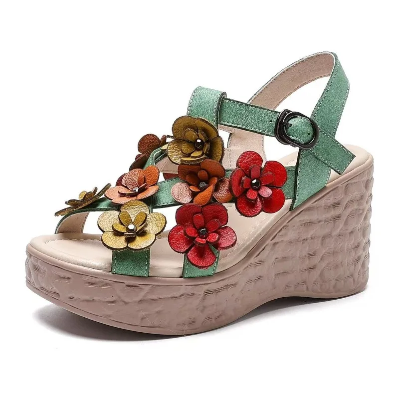 

8cm Genuine Leather Retro High Heels Sandals Women Shoes Buckle Strap 2026 New Spring Summer Wedges Lady Platform Sandals