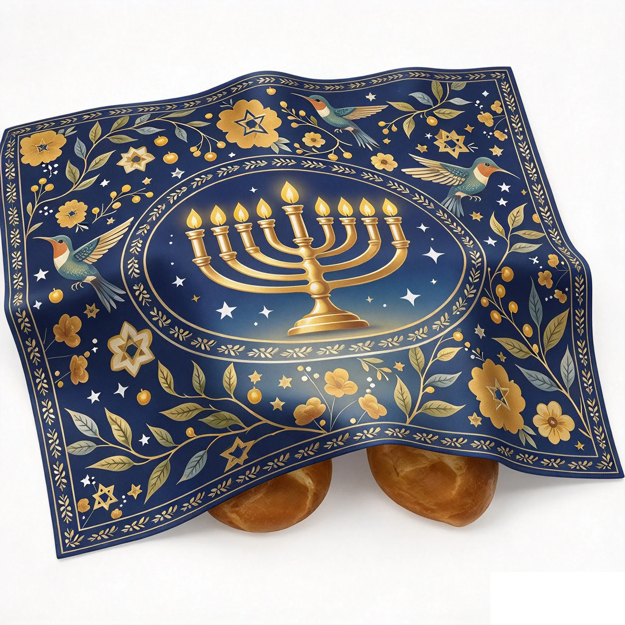 Hanukkah Chanukah Floral Challah Cover Cloth for Jewish Holiday Polyester Kitchen Dining Matzo Cover Cloth Hanukkah Judaica Gift