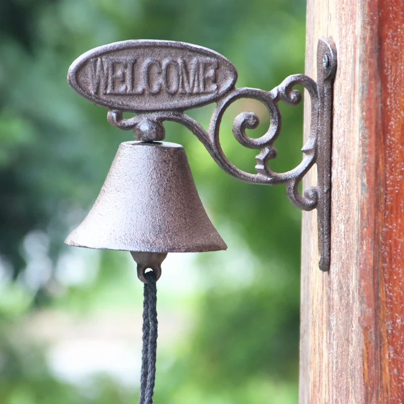 

Brown Cast Iron Wall Hand Cranking Bell With Oval Welcome Sign Plaque Double-sided For Home Garden Outdoor Front Gate Decoration