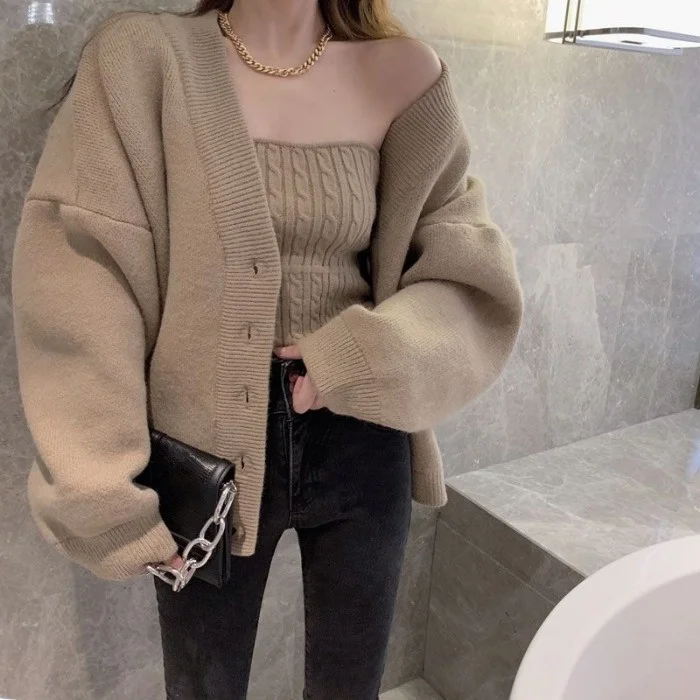 

Ele Knitted Sweater Jaet Women's Spring Autumn Khaki Tube Top Open Cardigan Two Piece Set Warmth V-ne Long Sve