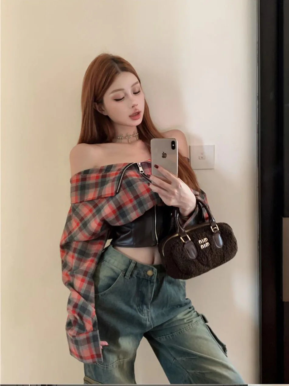 

Premium Wind Spice Girls Retro Plaid One-shoulder Patchwork Long-sleeved Women Trend Niche Design Sense Thin Short T-shirt Tops