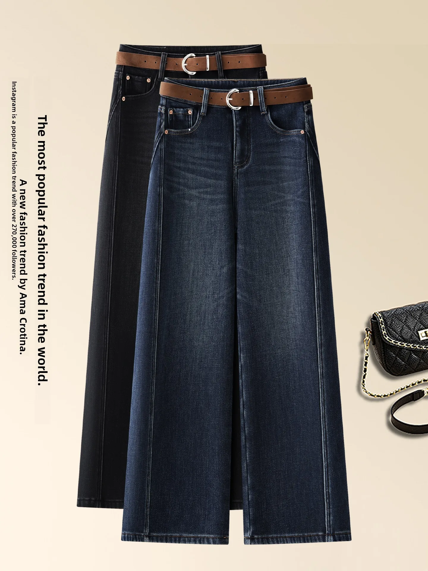 

High Waist Fleece Lined Thickened Slim Fit Wide Leg Jeans Women's Casual Straight Cut Denim Pants Autumn Winter New Style