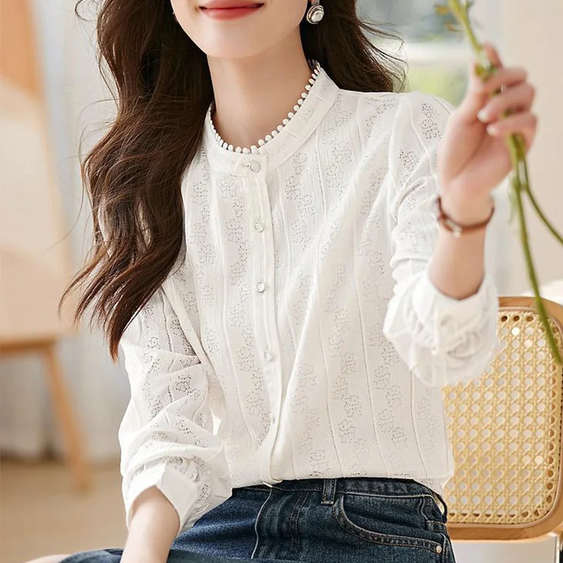 2024 New Summer Office Lady Loose Casual Bohemian Women's Shirt Hollow Out Chiffon Knittingbutton O Neck Long Sleeve Chic Tops