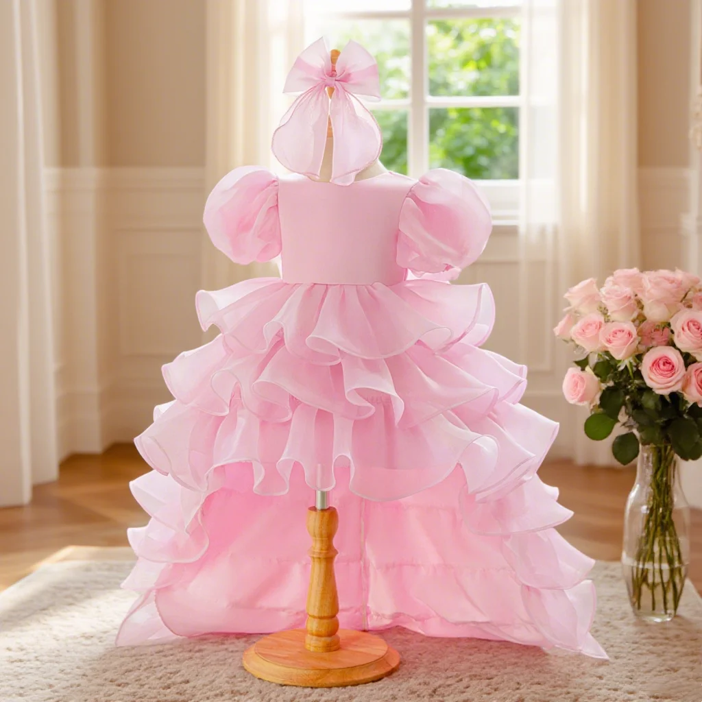 Sweet pink multi-layer cake dress with bubble sleeves elegant design for young girls Flower dress suitable for summer parties
