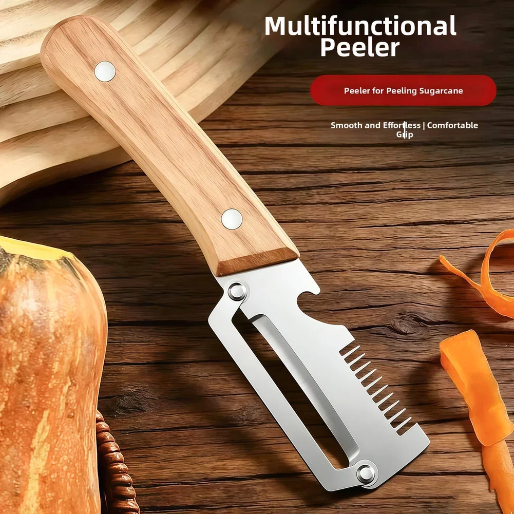 Multifunctional Kitchen Peeler 19cm Stainless Steel Wide Arched Blade Wood Handle Potato Carrot Scraper Bottle Opener Gadget