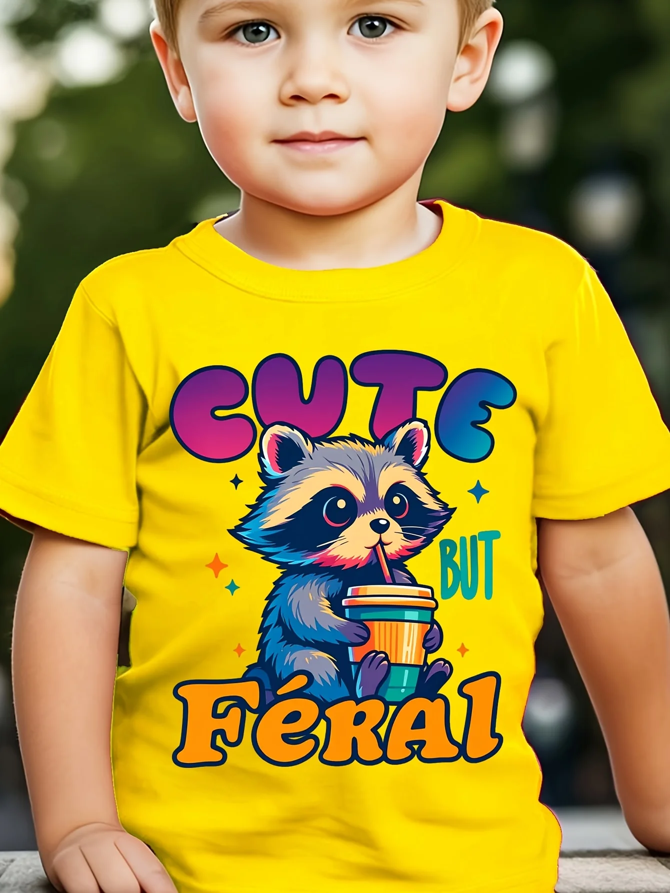 Cute But Feral Raccoon Drinking Cup Cartoon Graphic Print T Shirt Family Matching Boys Girls Kids Short Sleeve Daily Tees