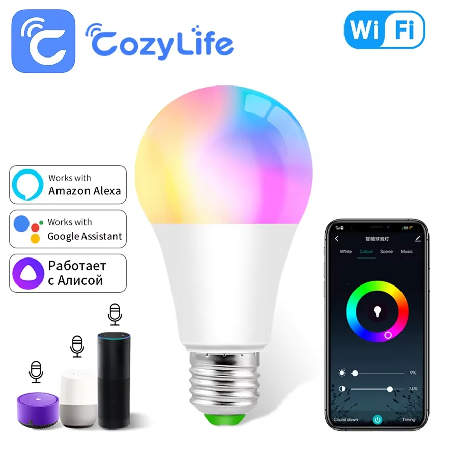 

E27 Smart WiFi LED Bulb CozyLife App Control 12W 15W 18W LED RGBCW Lamp AC 85-265V Works with Alexa Google Assistant Home