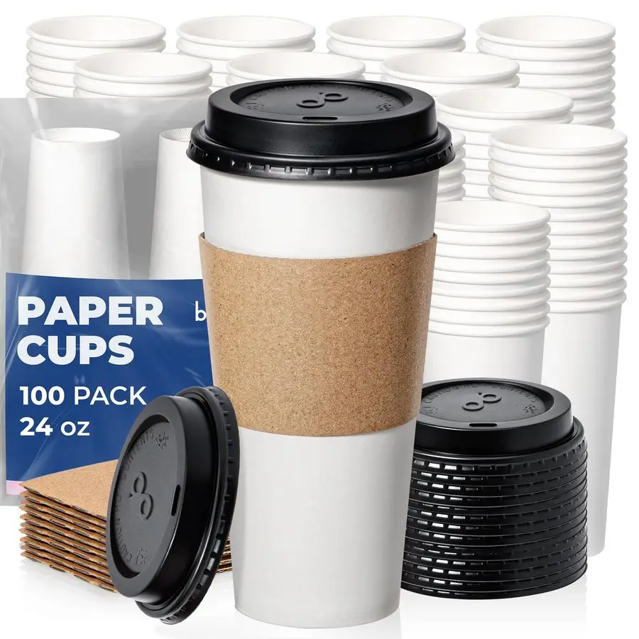 

24 oz 100 Pack To Go Coffee Cups with Lids and Sleeves, Disposable Paper Coffee Cups with Lids for Hot Cold Beverage