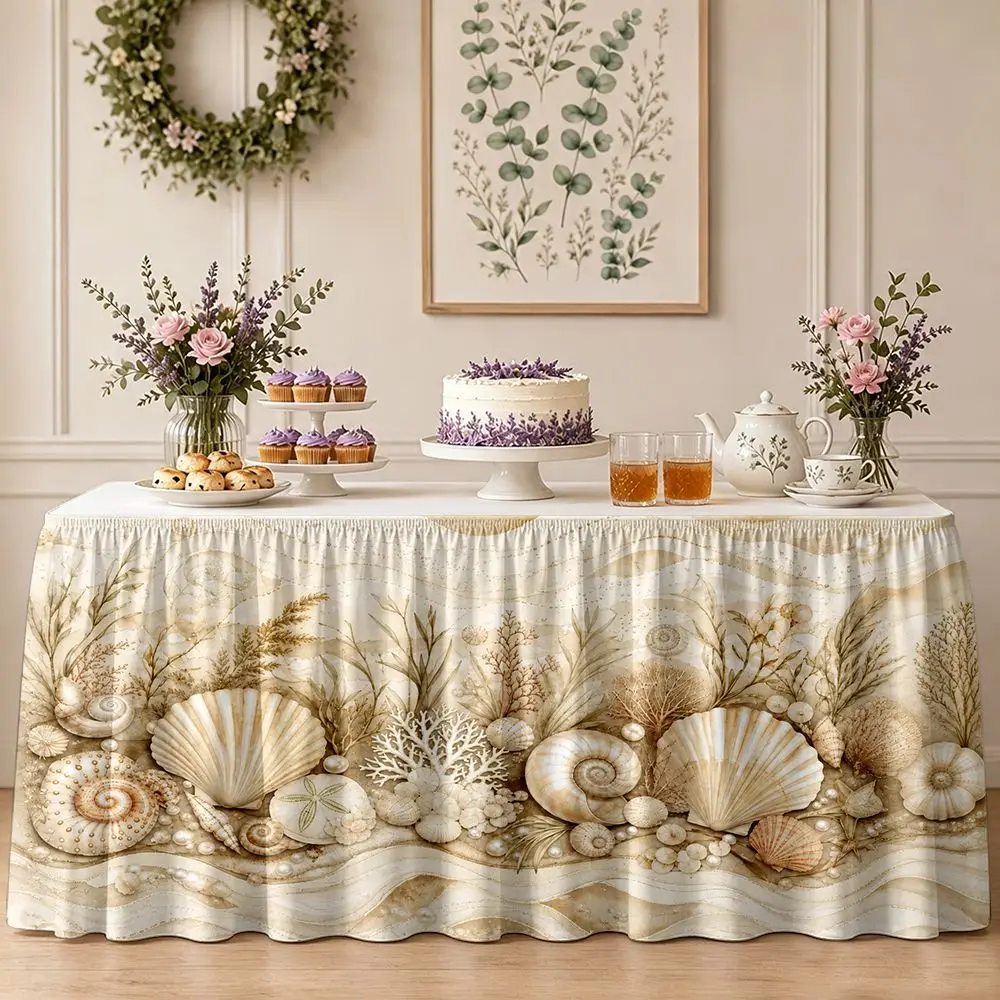 One-piece set with tablecloth decoration. Beach pattern with sea shells and coral design, with ruffled edges for the tablecloth.