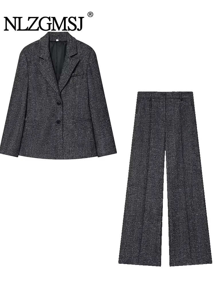 

NLZGMSJ офисный женский шикарный женский пиджак, костюмы с длинными рукавами и пуговицами, блейзер с высокой талией, широкие брюки, модный комплект из 2 предметов