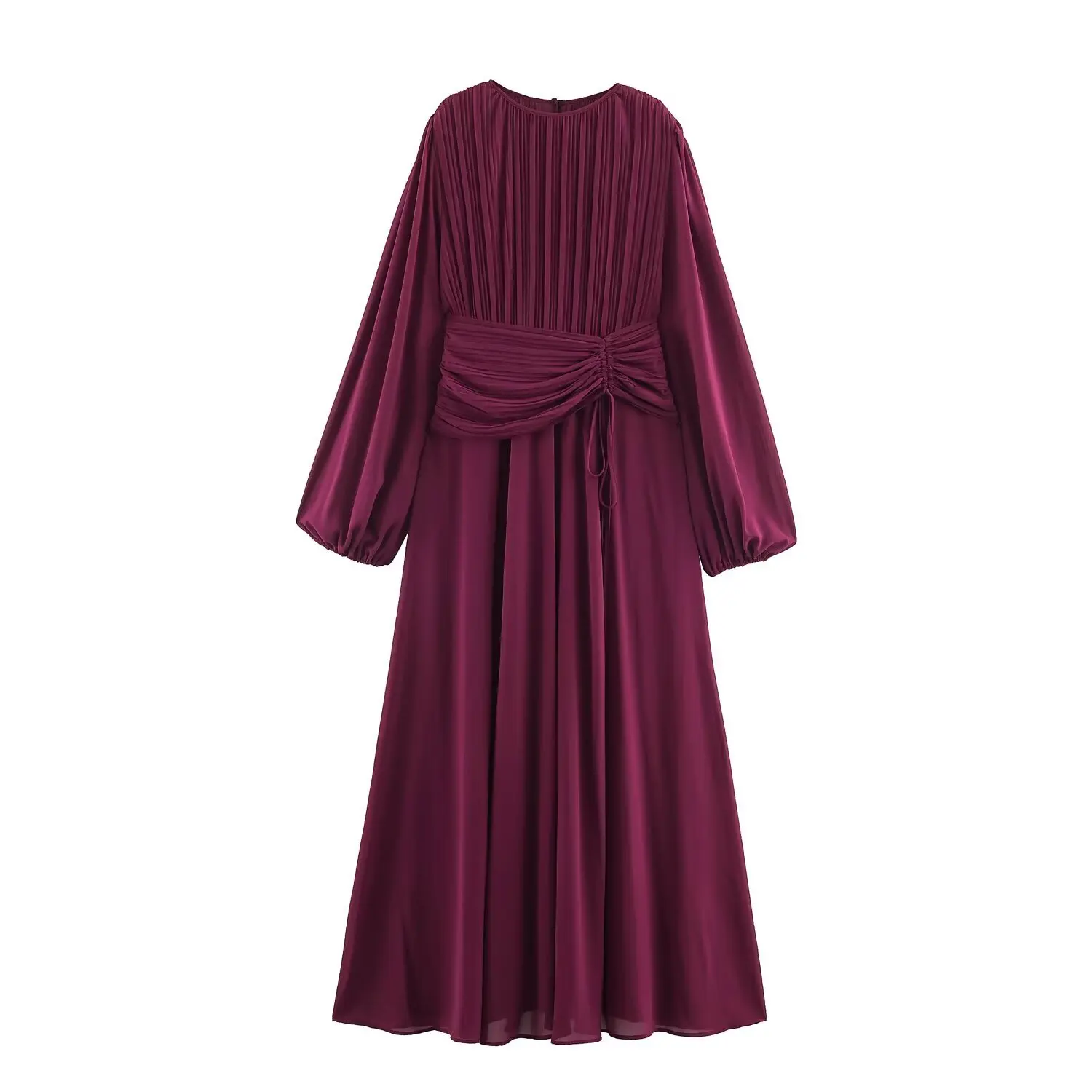 Vintage Women Pleated Front Long Puff Sleeve Chiffon Dress Bow Drawstring Slim High Waist Ankle Length Dresses Femme Robe