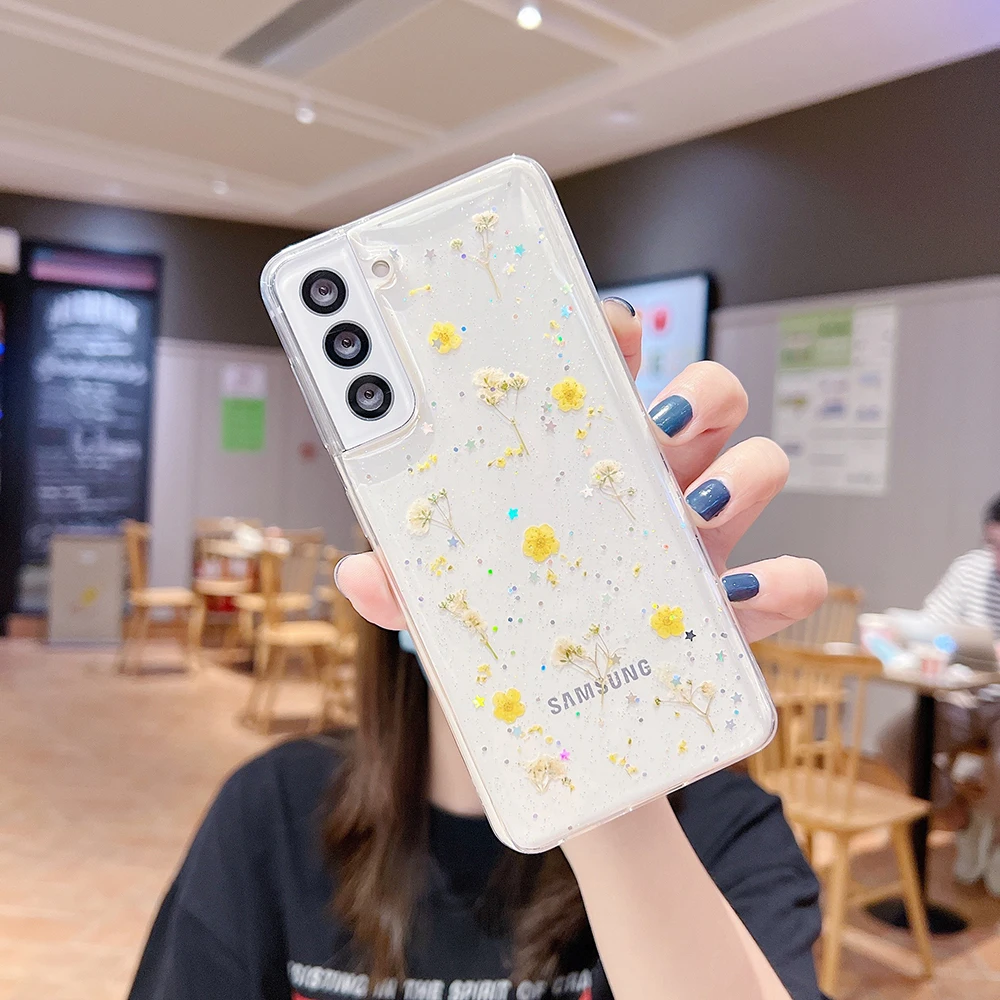 for Samsung Galaxy S26 S24 S25 S23 S22 S21 FE Ultra Plus Note20 Case Real Dry Flower Glitter Clear Epoxy Cover Crystal TPU Shell