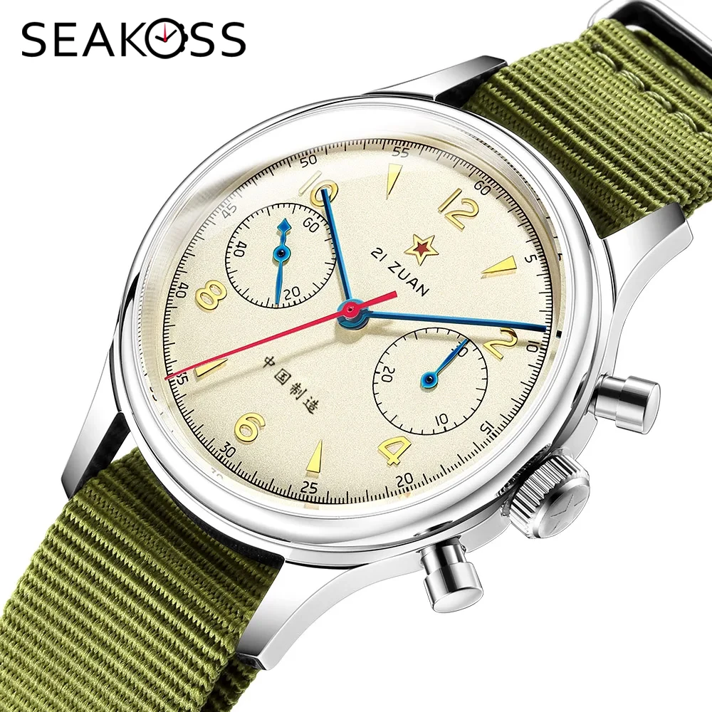 

SEAKOSS RED STAR 40 мм 38 мм 1963 ST1901 Механизм Мужские механические часы с хронографом ВВС Авиационные сапфировые часы