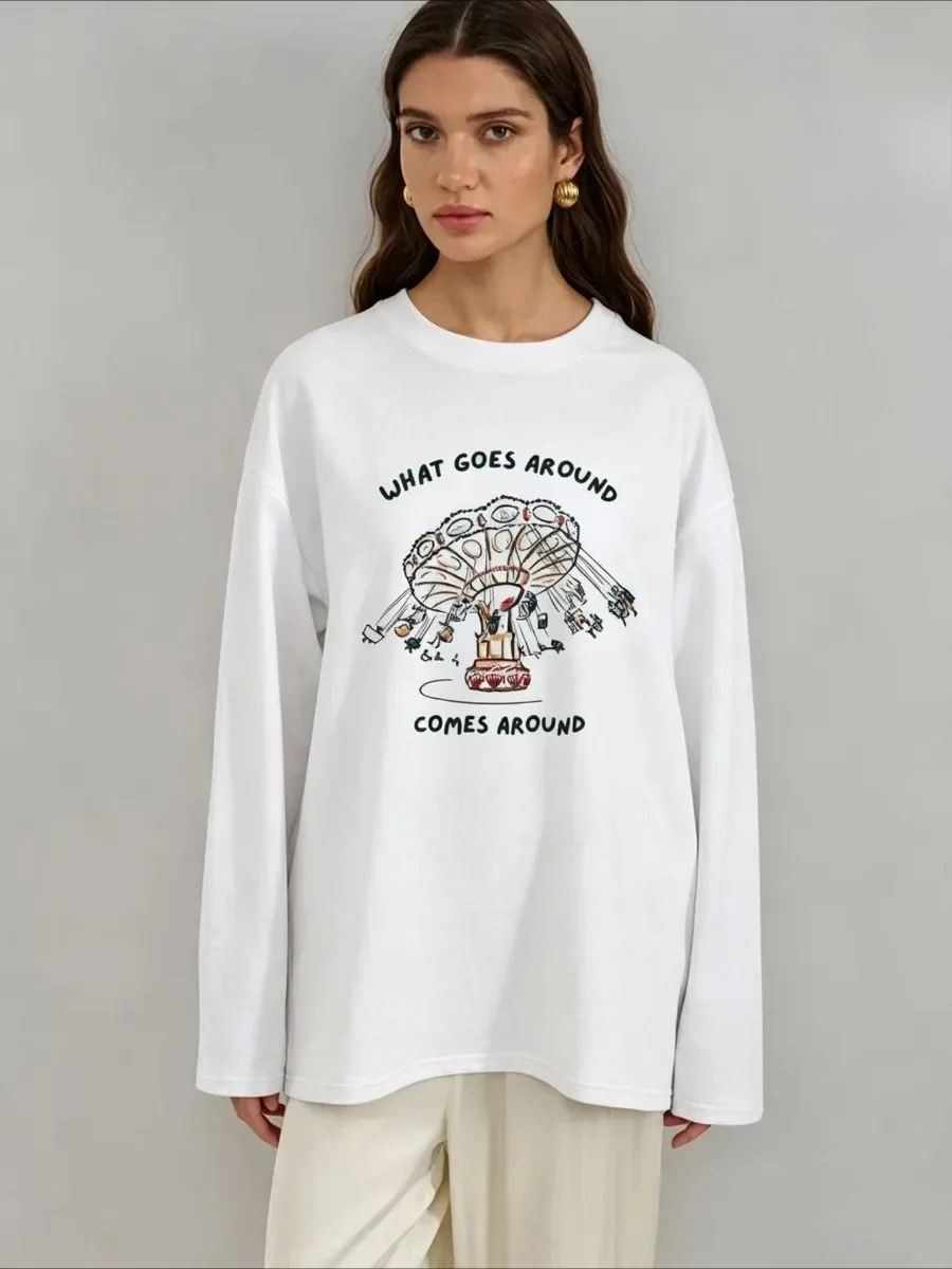 Autumn Womens Long Sleeve Tee 100% Cotton Carnival Ferris Swing Ride Print Vintage Letter Graphic Loose Casual Commute T Shirt