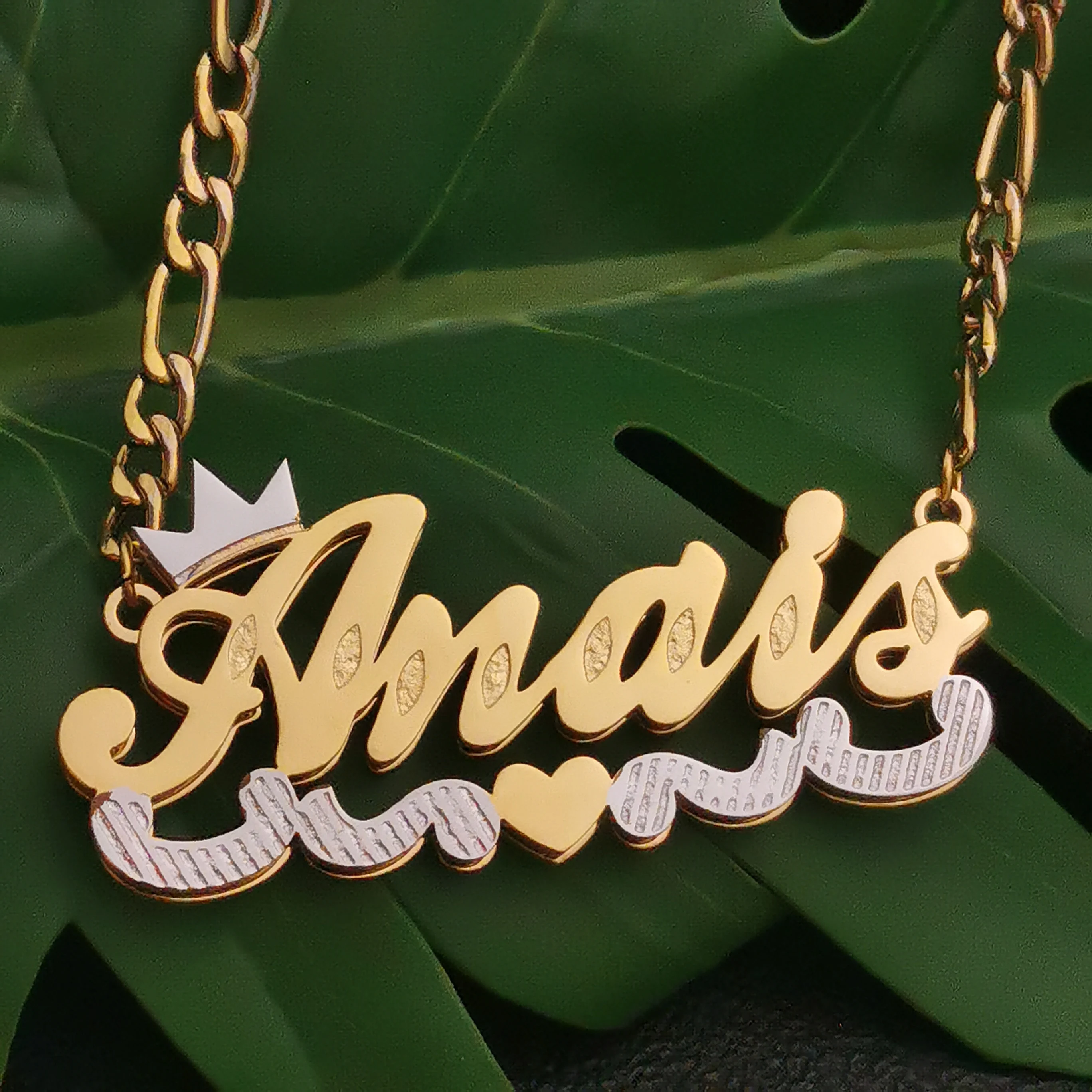 

Nameplate Necklace with Figaro Chain Gold Plated 3D Necklace Personalized Double Choker Women with Crown Heart Necklace for Gift