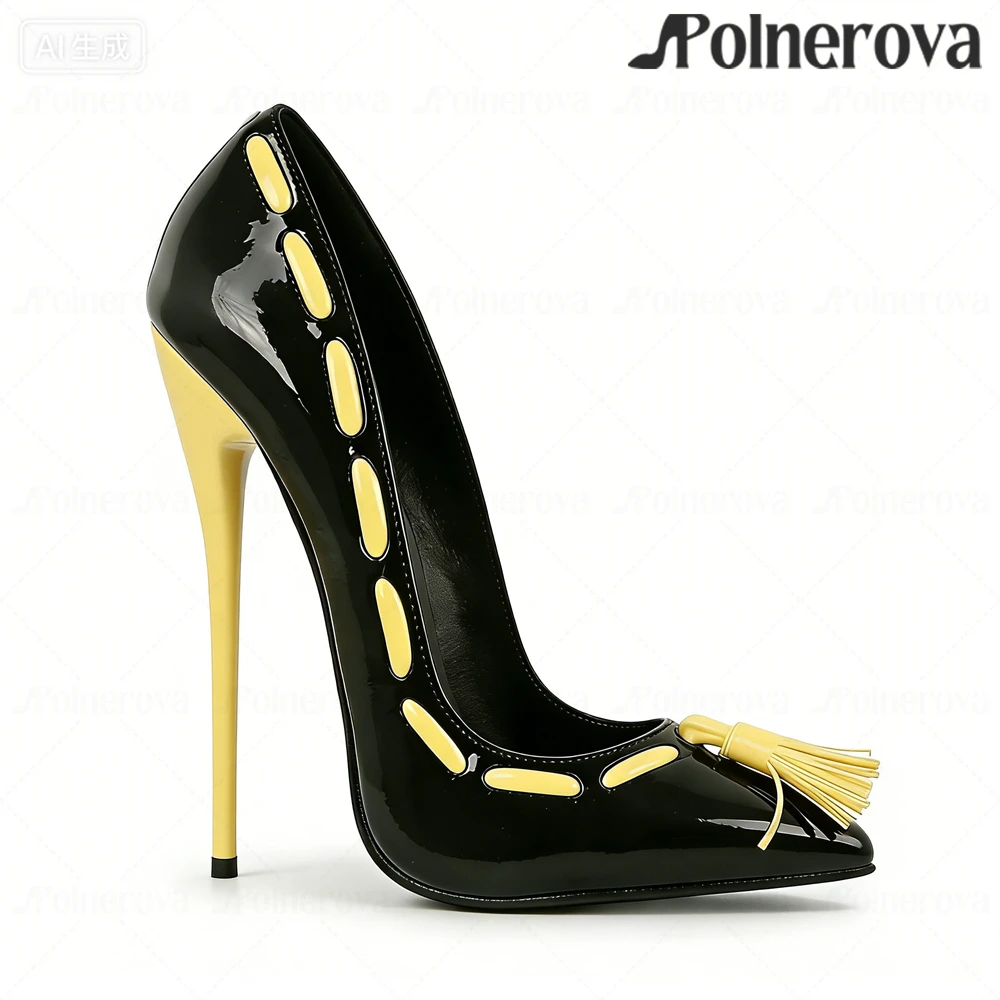 

Tassel Sewing Stiletto Heels Sexy Black Patent Leather Pointed Toe Pumps 16cm Lacquered Heel Slip-On High Heeled Shoes for Women