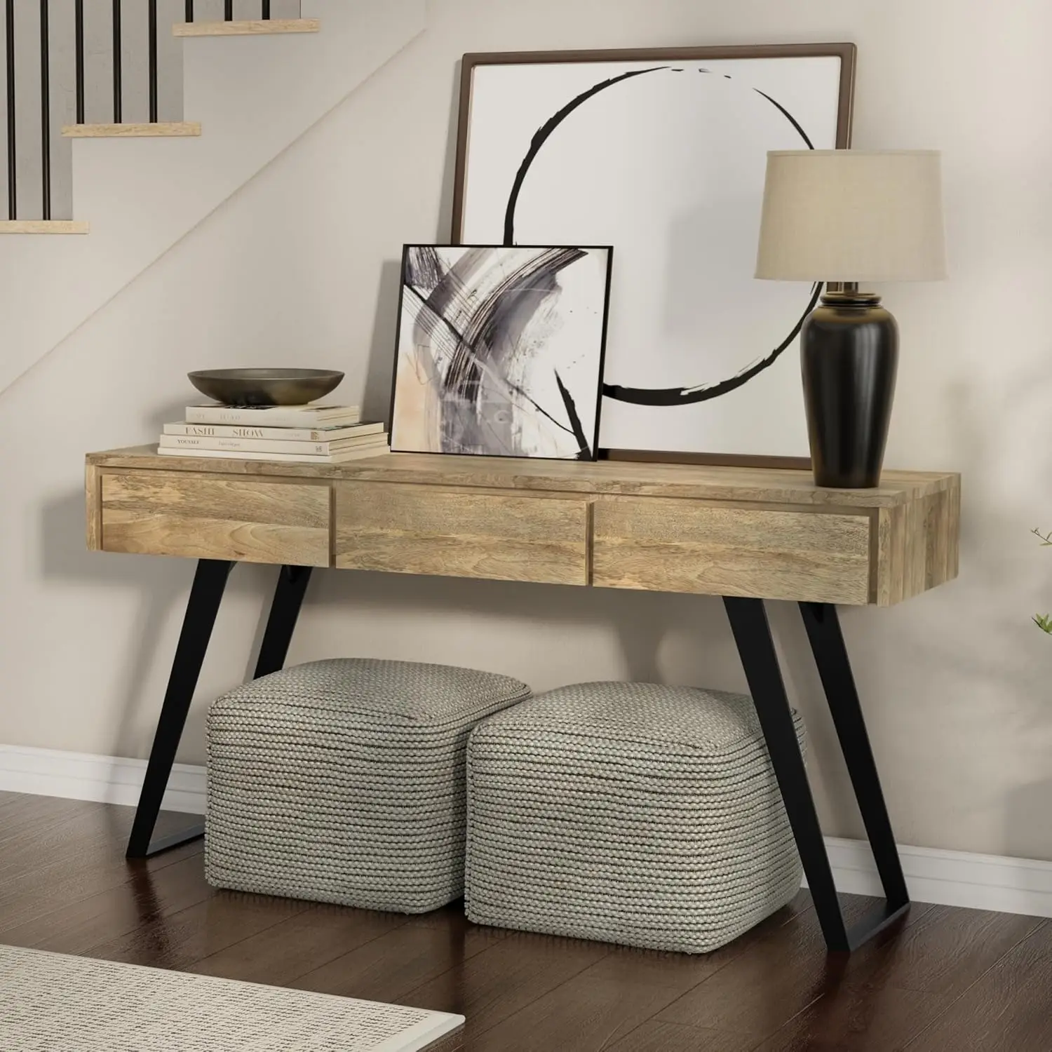60 Inch Mango Wood & Metal Console Table with 3 Drawers & Angled Legs for Entryway Living Room Storage, Customized