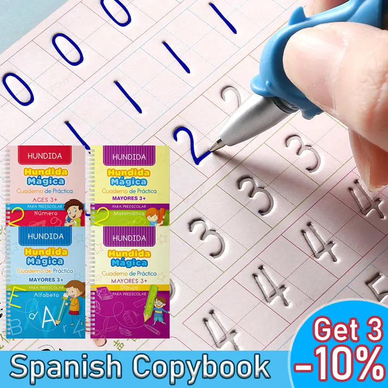 Kids Training Toys Spanish Copybook Sticker Alphanumeric Painting Calligraphy Free Gift Magic Pen Set