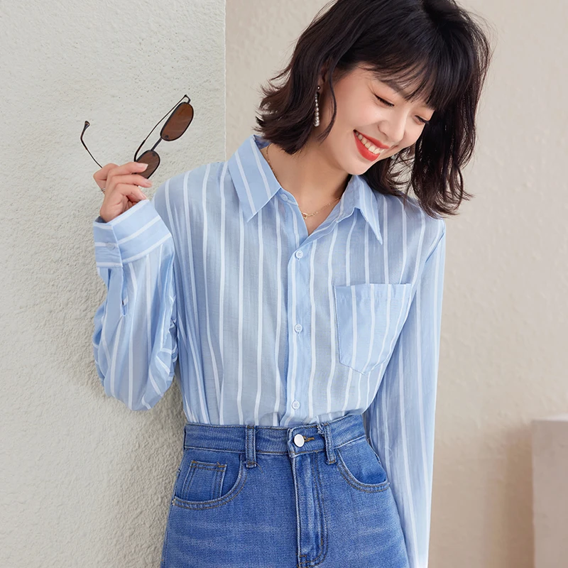 Ladies Korean Fashion Casual Stripe Shirts Blouse Women Tops Woman Button Up Shirt Female Girls Long Sleeve Blouse BPyA2043