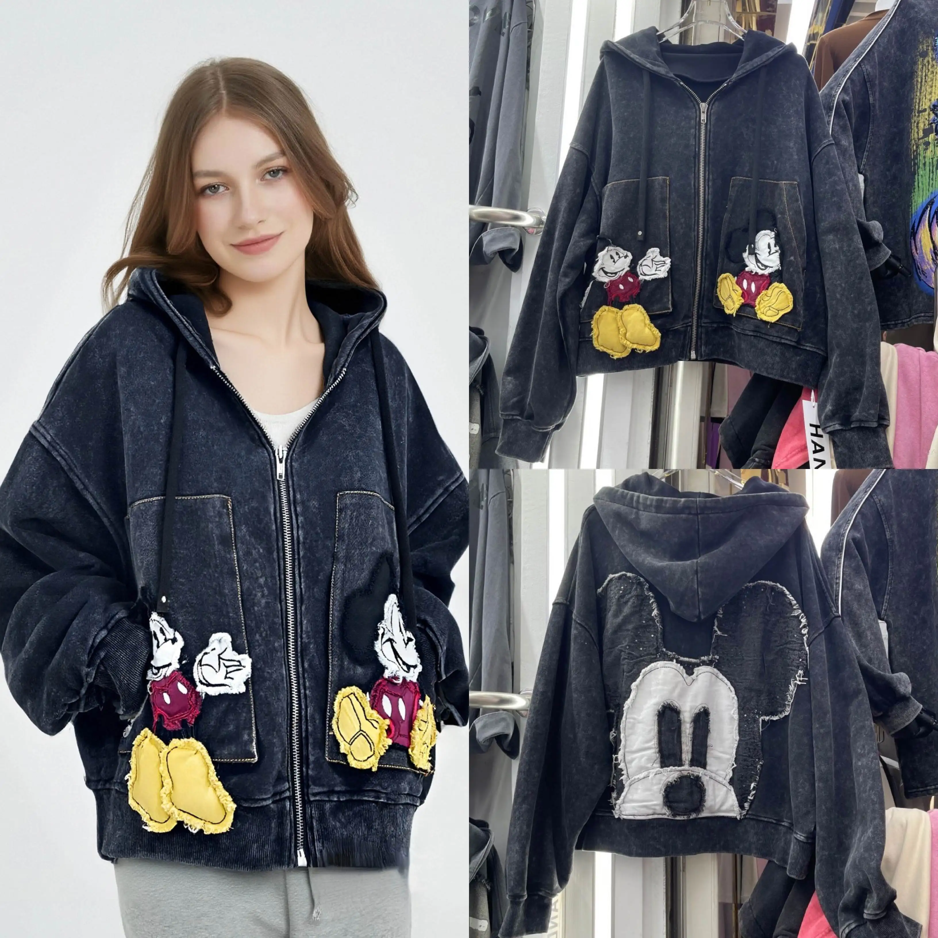 

New European and American Heavy Industry Embroidered Cartoon Printed Short Coat Women's Hoodie Loose
