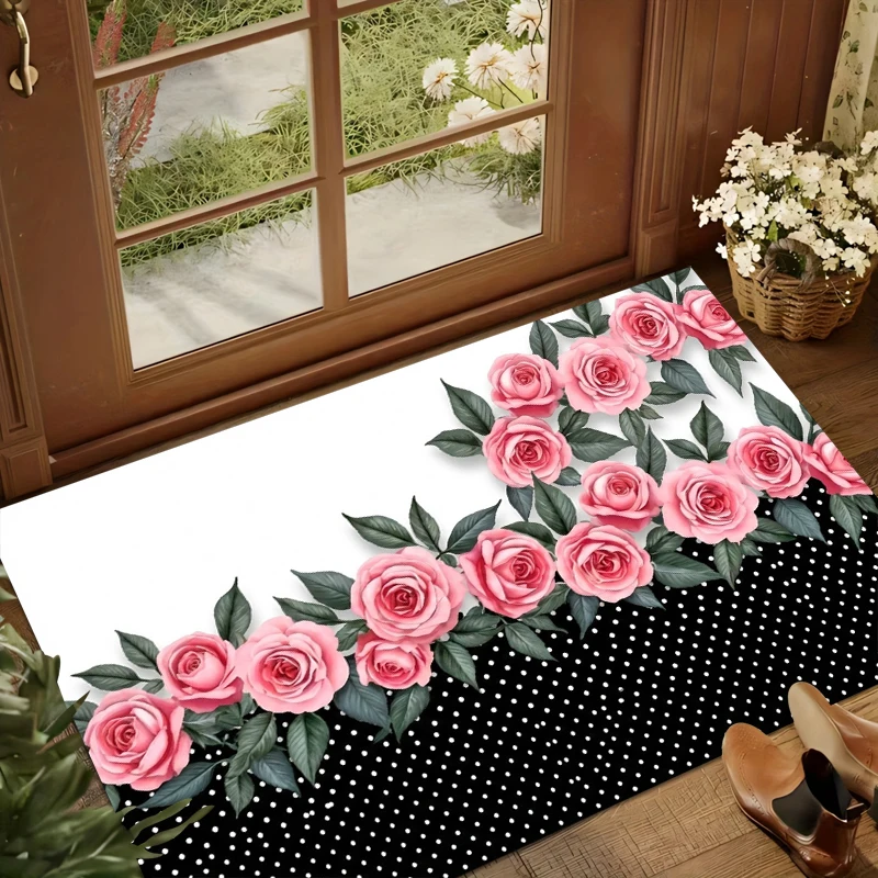 Fashion Polka Dot Pink Rose Rug Carpet Mat Non-Slip for Kitchen Floor Laundry Room Bathroom Entryway Romantic Home Decor