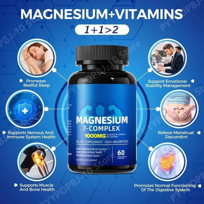 Magnesio 7-Complex 1000mg, Suplemento 7 en 1 de Alta Absorción, Apoya la Función Muscular y Nerviosa, 60 Cápsulas Vegetarianas Diarias