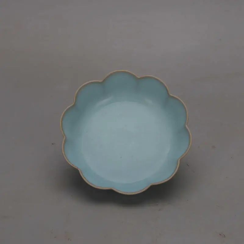 Antique porcelain collection Song Ru kiln blue glazed lotus plate Chinese style ornaments modern exquisite handicraft