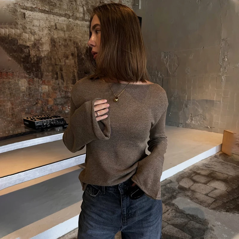 TARUXY Bell-Sleeved Backless Sexy Knitted Sweater Women's Lace Up Perspective Solid Casual Knit Pullover Commuter Female New Top view 4